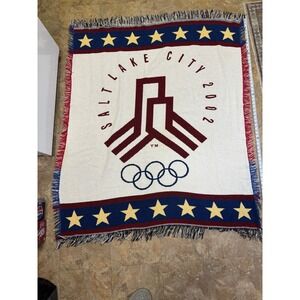 Vintage Salt Lake City 2002 Olympics Woven Throw Blanket Stars Olympic Rings